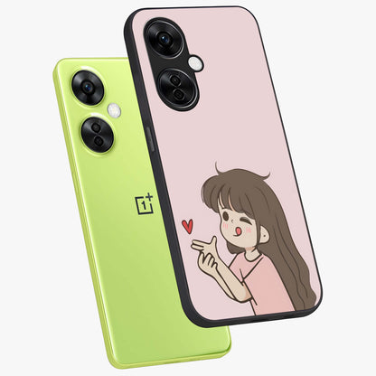 Cute Kiss Heart Glass Case for 1+Nord Ce 3 Lite angled mockup showcasing glossy finish and soft pastel tones