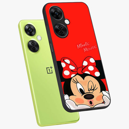 Cute Minnie Love Glass Case for 1+Nord Ce 3 Lite angled mockup showcasing glossy glass finish and vibrant character detailing