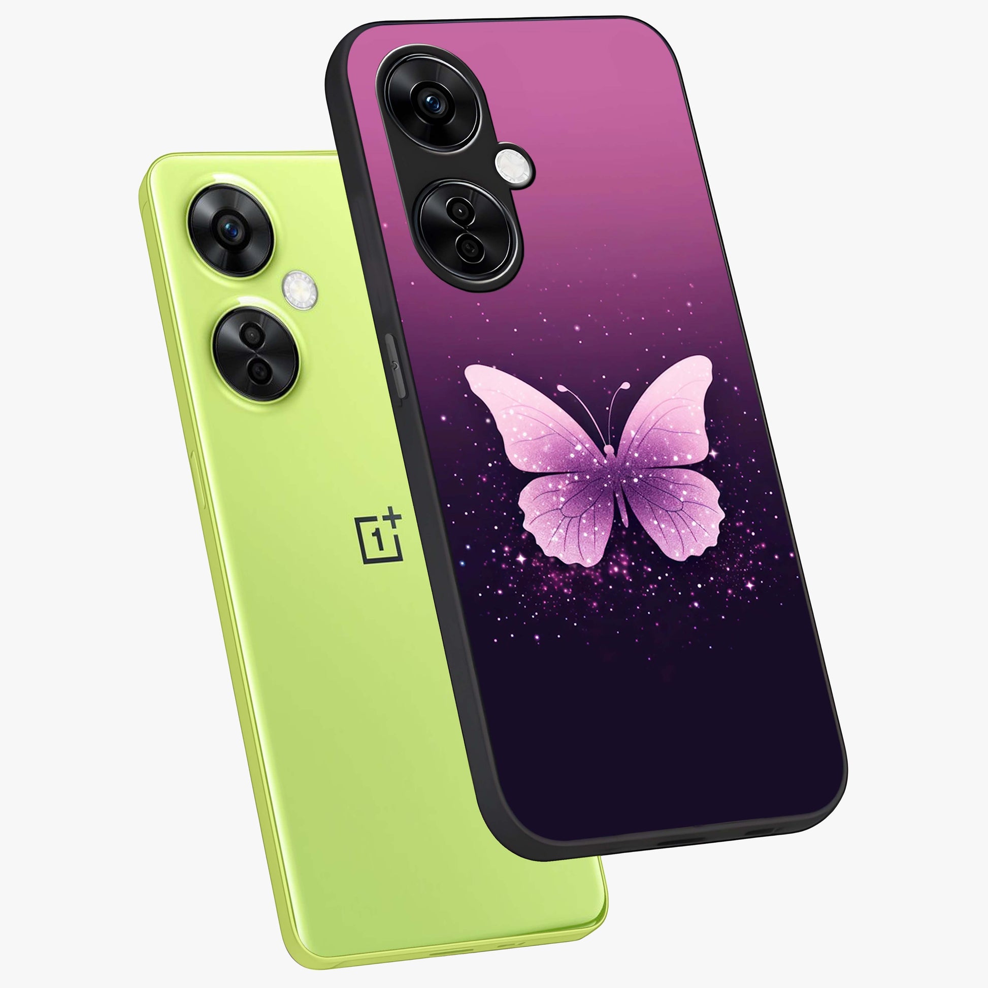 Cute Starry Butterfly Glass Case for 1+Nord Ce 3 Lite angled mockup showcasing glossy finish and celestial pastel tones