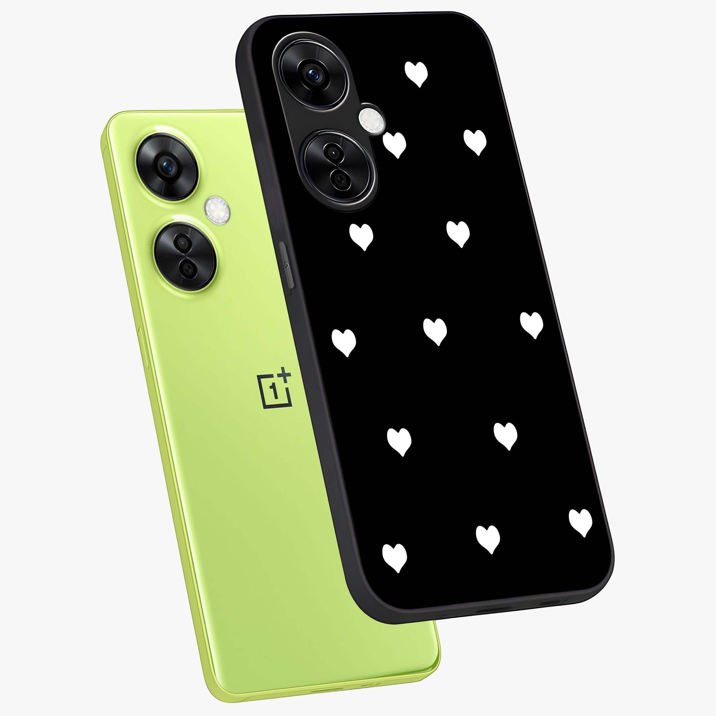 Cute Simple black Hearts Glass Case for 1+Nord CE 3 Lite angled mockup showcasing glossy finish and bold shadow detailing