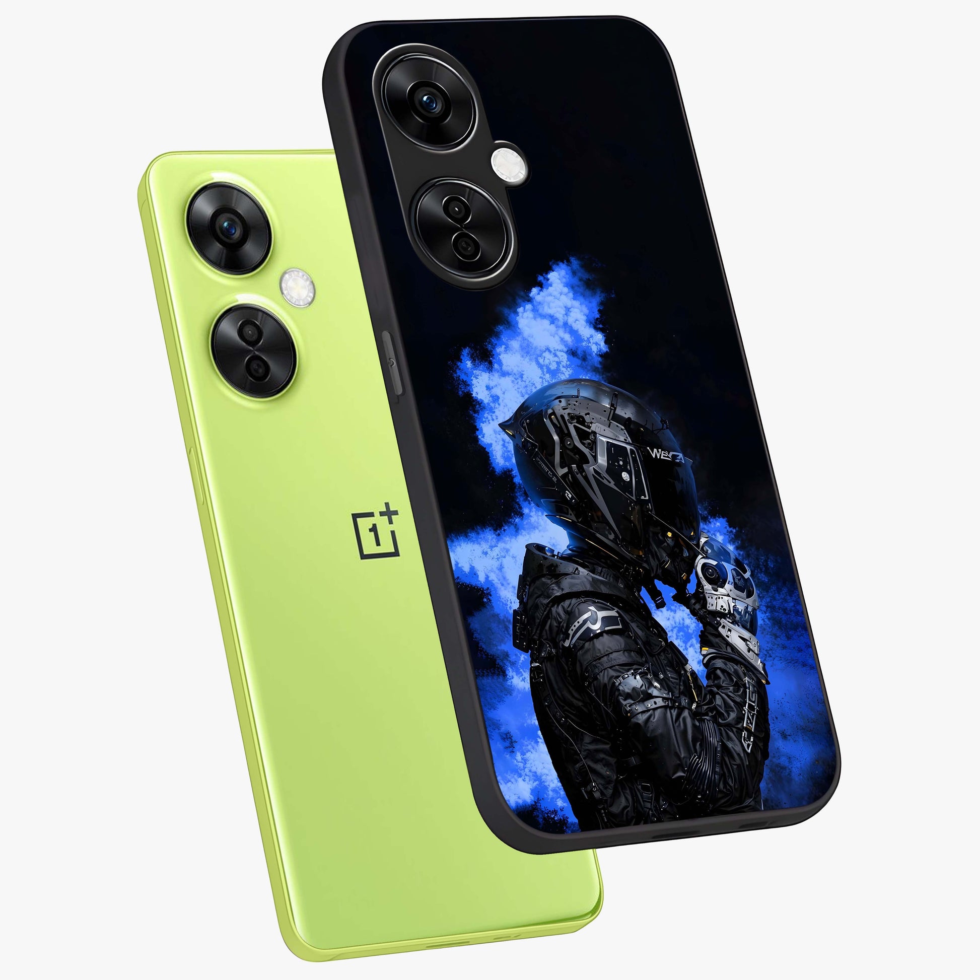 Cyber Sentinel Protocol Glass Case for 1+Nord CE 3 Lite angled mockup showcasing glossy finish and high tech neon detailing