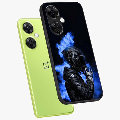 Cyber Sentinel Protocol Glass Case for 1+Nord CE 3 Lite angled mockup showcasing glossy finish and high tech neon detailing