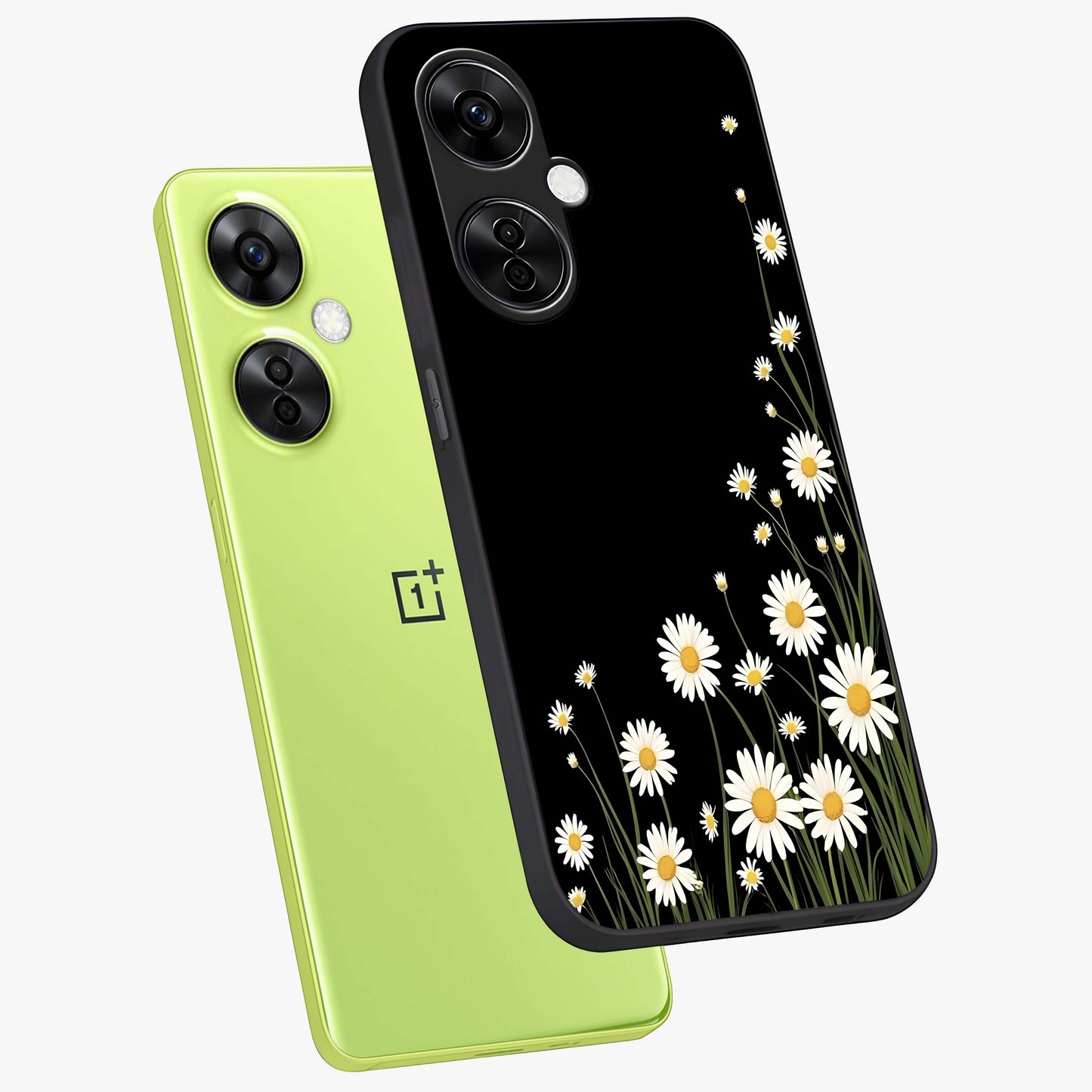 Daisy Cascade on Black Glass Case for 1+Nord CE 3 Lite angled mockup showcasing glossy finish and bold floral contrast