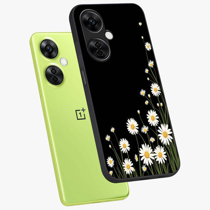 Daisy Cascade on Black Glass Case for 1+Nord CE 3 Lite angled mockup showcasing glossy finish and bold floral contrast