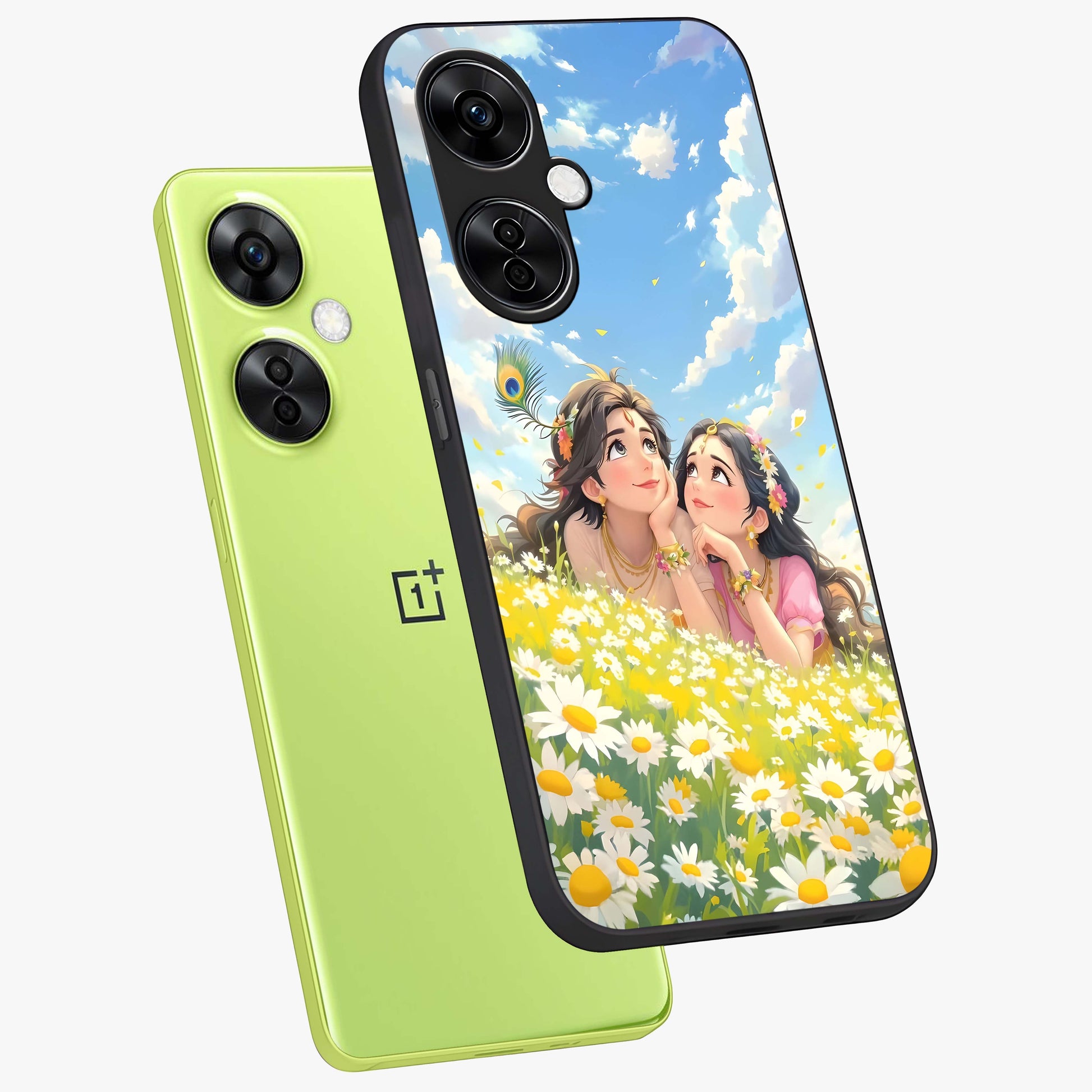 Daisy Daydream Love Glass Case for 1+Nord CE 3 Lite angled mockup showcasing glossy finish and pastel bloom tones