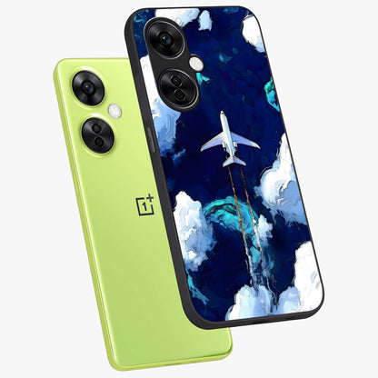 Dark Airplane Glass Case for 1+Nord CE 3 Lite angled mockup showcasing glossy finish and dramatic sky tones