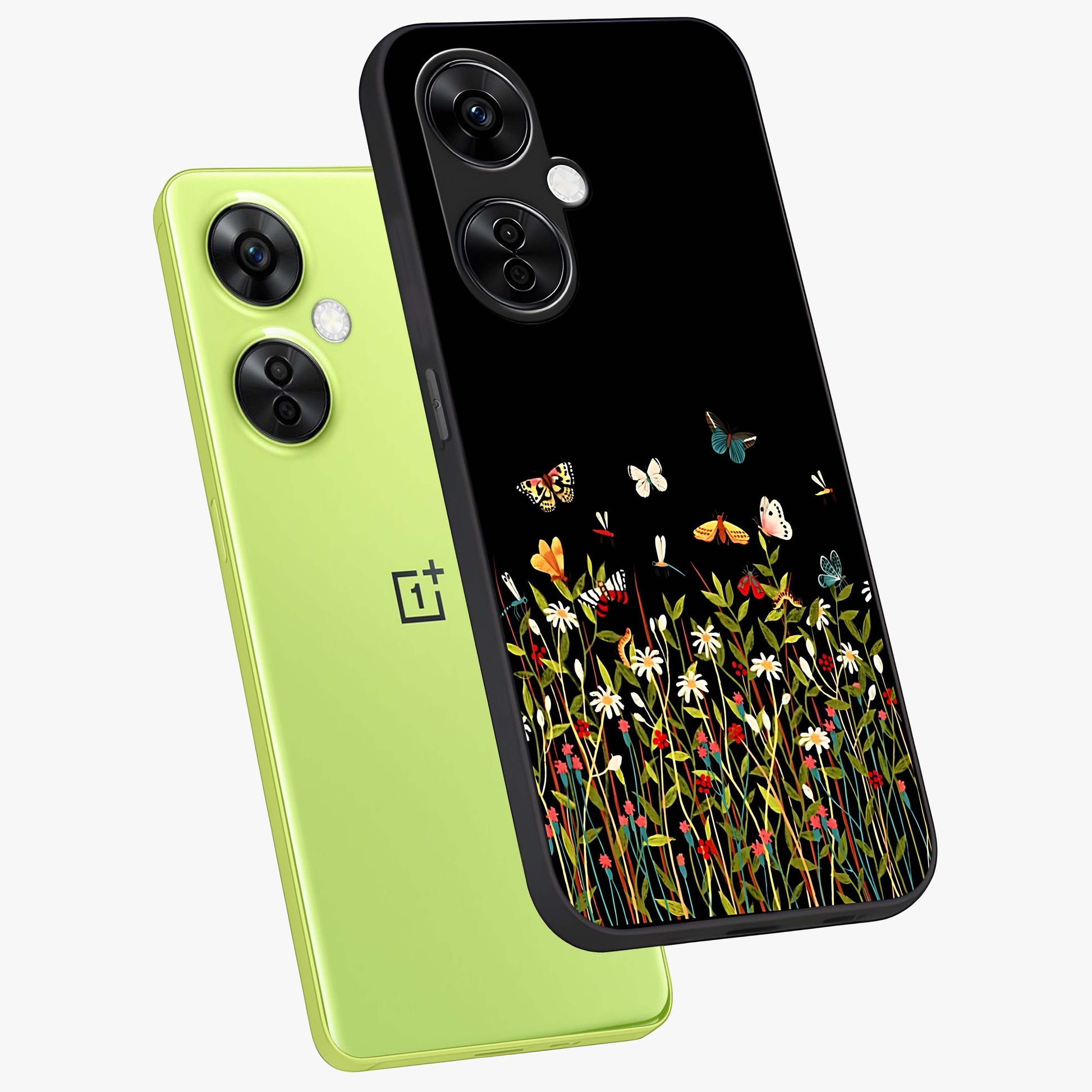 Dark Bloom Wonderland Custom Name Glass Case for 1+Nord CE 3 Lite angled mockup showcasing glossy finish and rich bloom textures