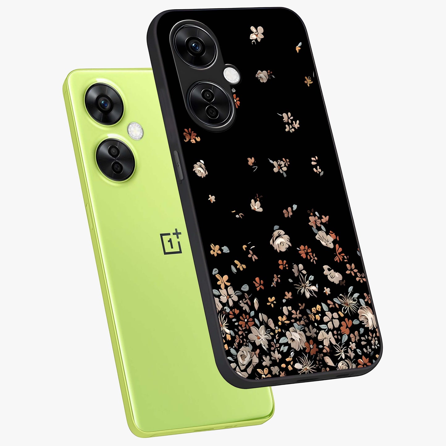Dark Petal Aesthetic Glass Case for 1+Nord CE 3 Lite angled mockup showcasing glossy finish and dramatic petal detailing