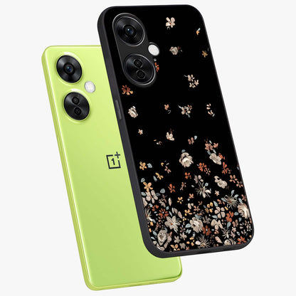 Dark Petal Aesthetic Glass Case for 1+Nord CE 3 Lite angled mockup showcasing glossy finish and dramatic petal detailing