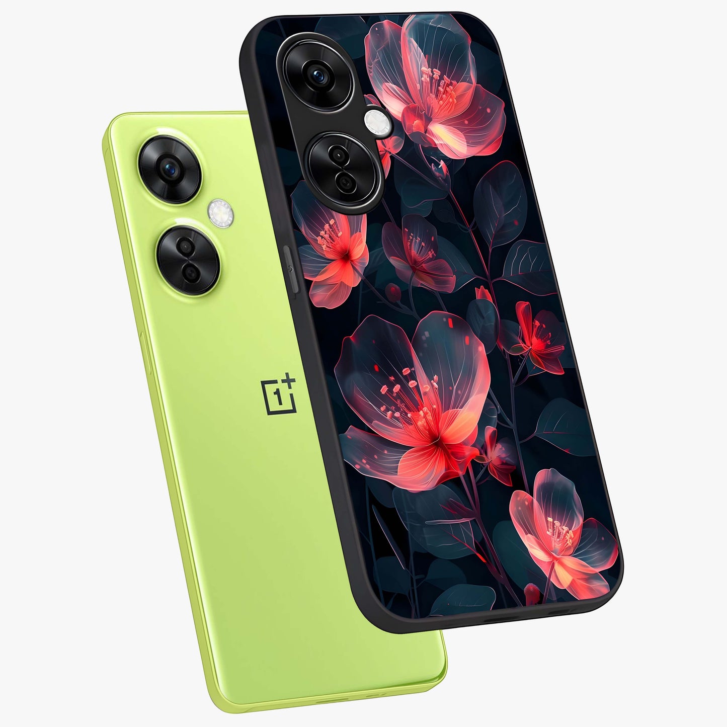 Dark Shade of Flower Glass Case for 1+Nord CE 3 Lite angled mockup showcasing glossy finish and bold contrast detailing