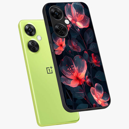 Dark Shade of Flower Glass Case for 1+Nord CE 3 Lite angled mockup showcasing glossy finish and bold contrast detailing