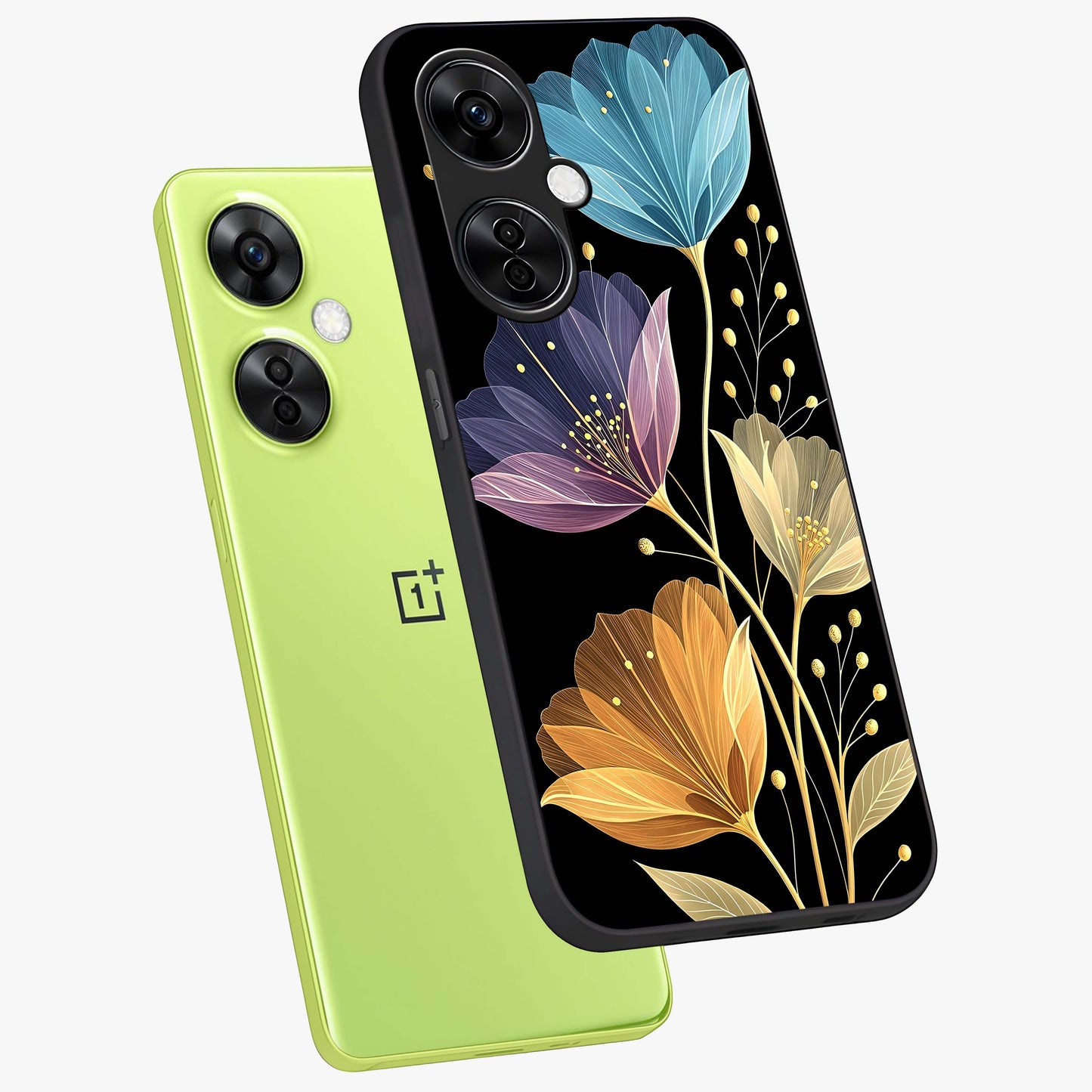 Delicate Multicolor Flowers Glass Case for 1+Nord CE 3 Lite angled mockup showcasing glossy finish and pastel bloom detailing