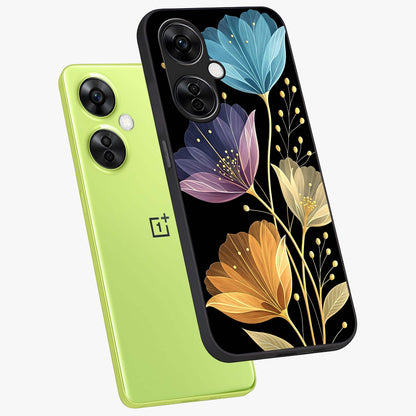 Delicate Multicolor Flowers Glass Case for 1+Nord CE 3 Lite angled mockup showcasing glossy finish and pastel bloom detailing