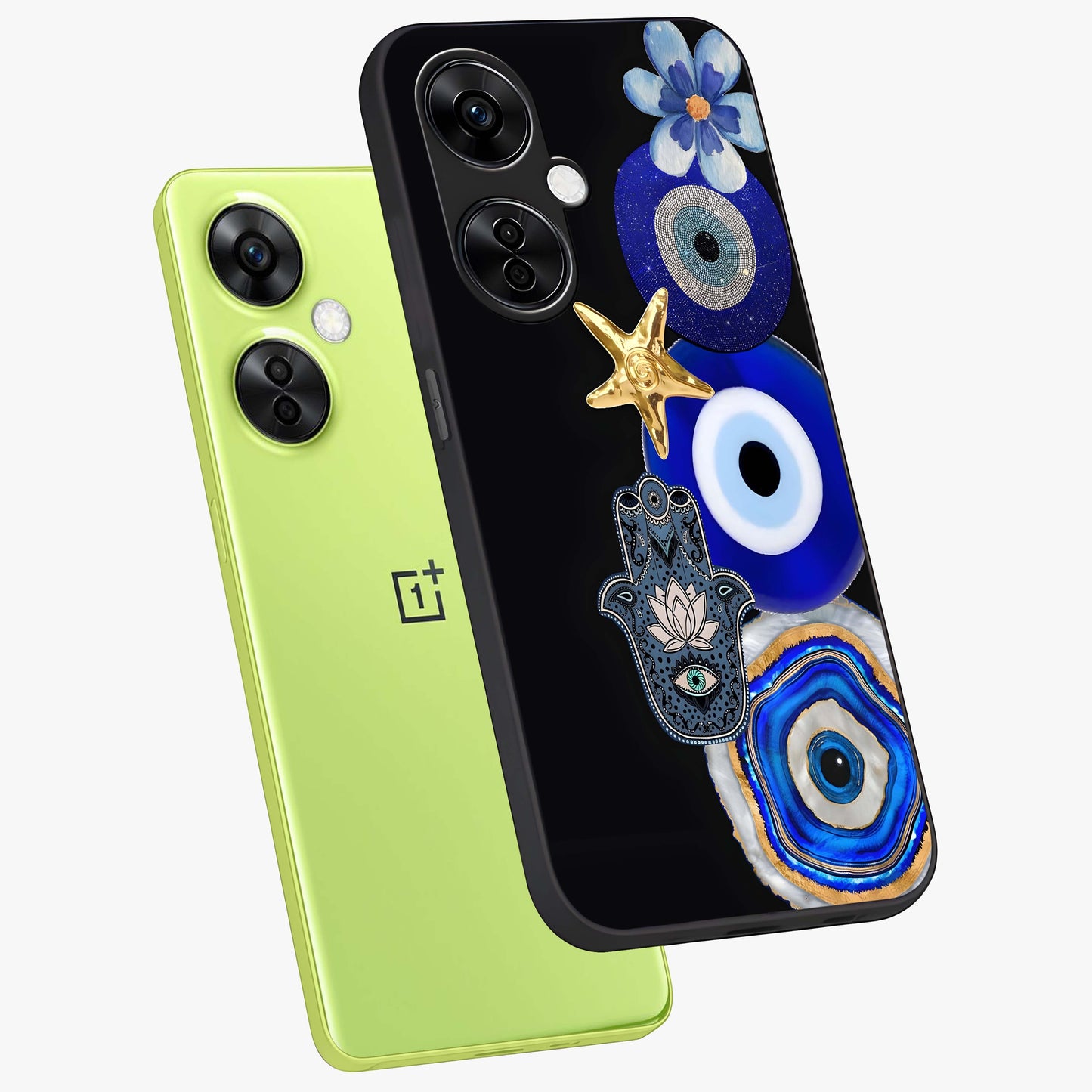 Divine Eye Bloom Glass Case for 1+Nord CE 3 Lite angled mockup showcasing glossy finish and vibrant protective detailing