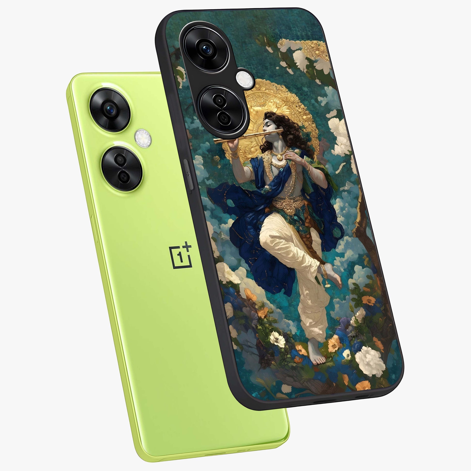 Divine Krishna Art Glass Case for 1+Nord CE 3 Lite angled mockup showcasing glossy finish and vibrant spiritual tones