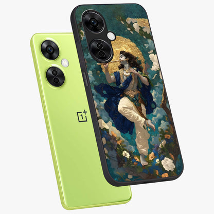 Divine Krishna Art Glass Case for 1+Nord CE 3 Lite angled mockup showcasing glossy finish and vibrant spiritual tones