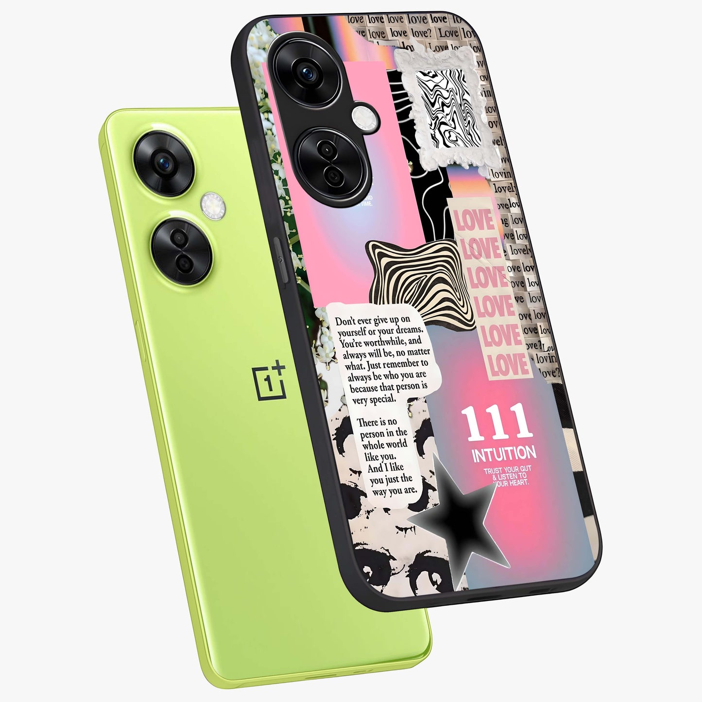 Divine Love Vibes Glass Case for 1+Nord CE 3 Lite angled mockup showcasing glossy finish and warm aesthetic tones