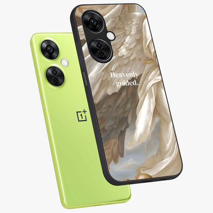Divine Winged Grace Glass Case for 1+Nord CE 3 Lite angled mockup showcasing glossy finish and elegant design tones