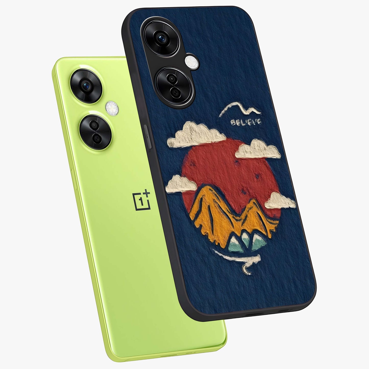 Dream Beyond Mountains Glass Case for 1+Nord CE 3 Lite angled mockup showcasing glossy finish and calming gradient tones