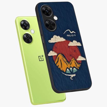 Dream Beyond Mountains Glass Case for 1+Nord CE 3 Lite angled mockup showcasing glossy finish and calming gradient tones