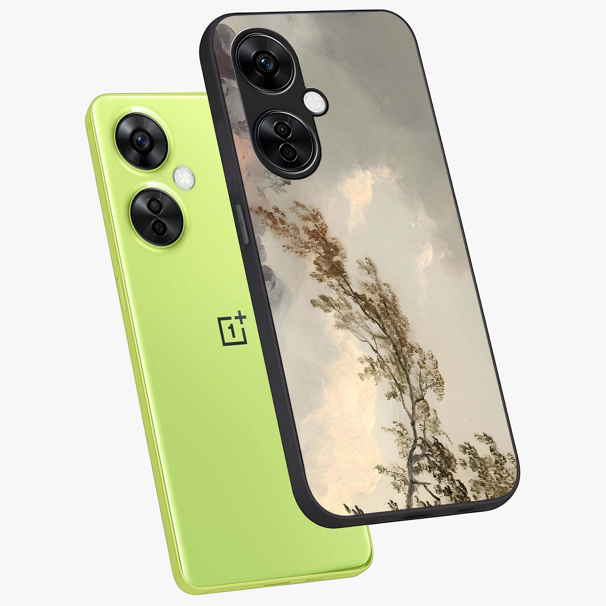 Dreamlike Wind Field Glass Case for 1+Nord CE 3 Lite angled mockup showcasing glossy glass finish and dreamy landscape detailing