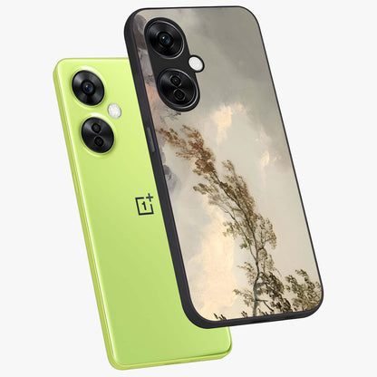Dreamlike Wind Field Glass Case for 1+Nord CE 3 Lite angled mockup showcasing glossy glass finish and dreamy landscape detailing