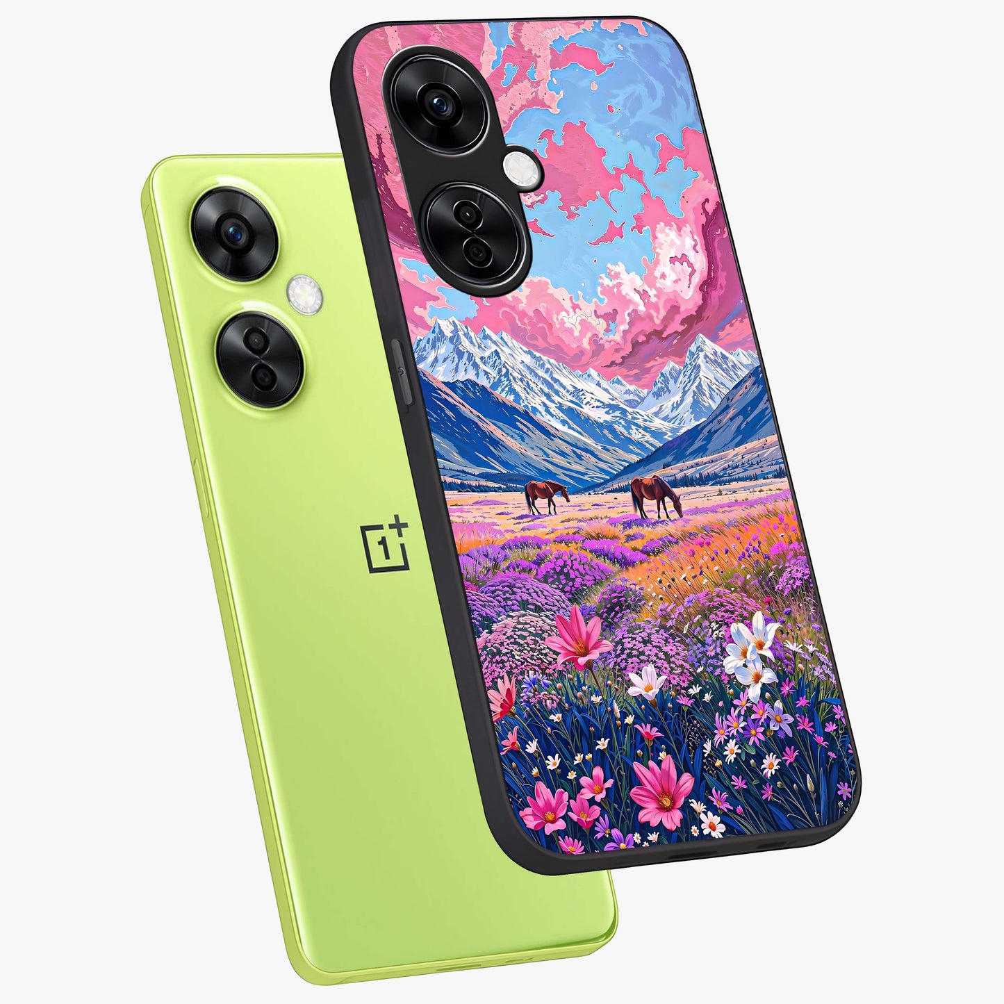 Dreamy Floral Pastures Glass Case for 1+Nord CE 3 Lite angled mockup showcasing glossy finish and gentle bloom textures