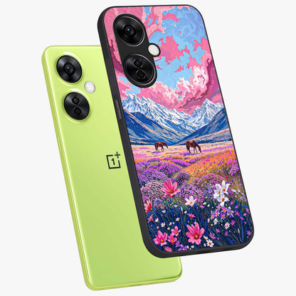 Dreamy Floral Pastures Glass Case for 1+Nord CE 3 Lite angled mockup showcasing glossy finish and gentle bloom textures