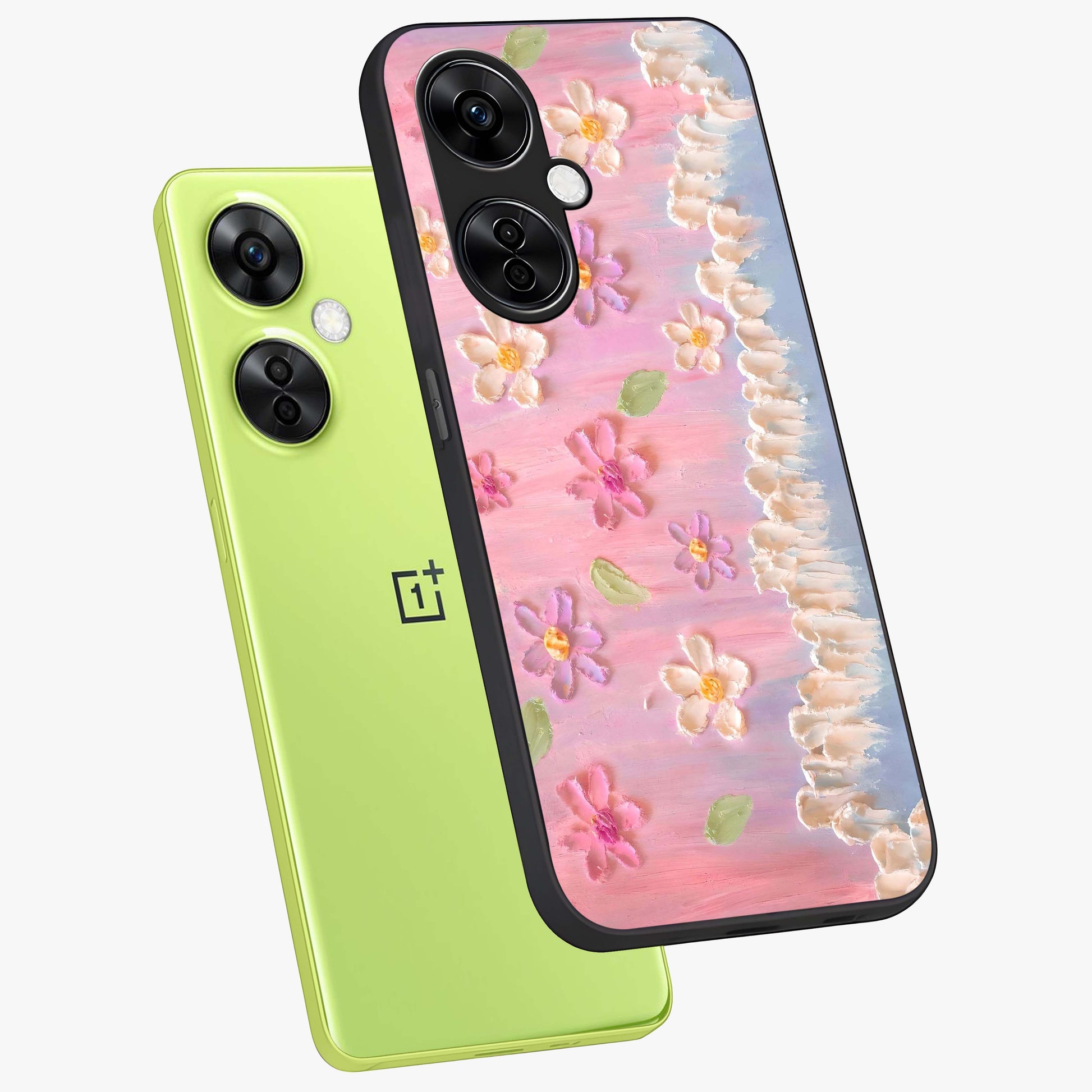 Dreamy Painted Garden Glass Case for 1+Nord CE 3 Lite angled mockup showcasing glossy finish and vibrant brushstroke textures