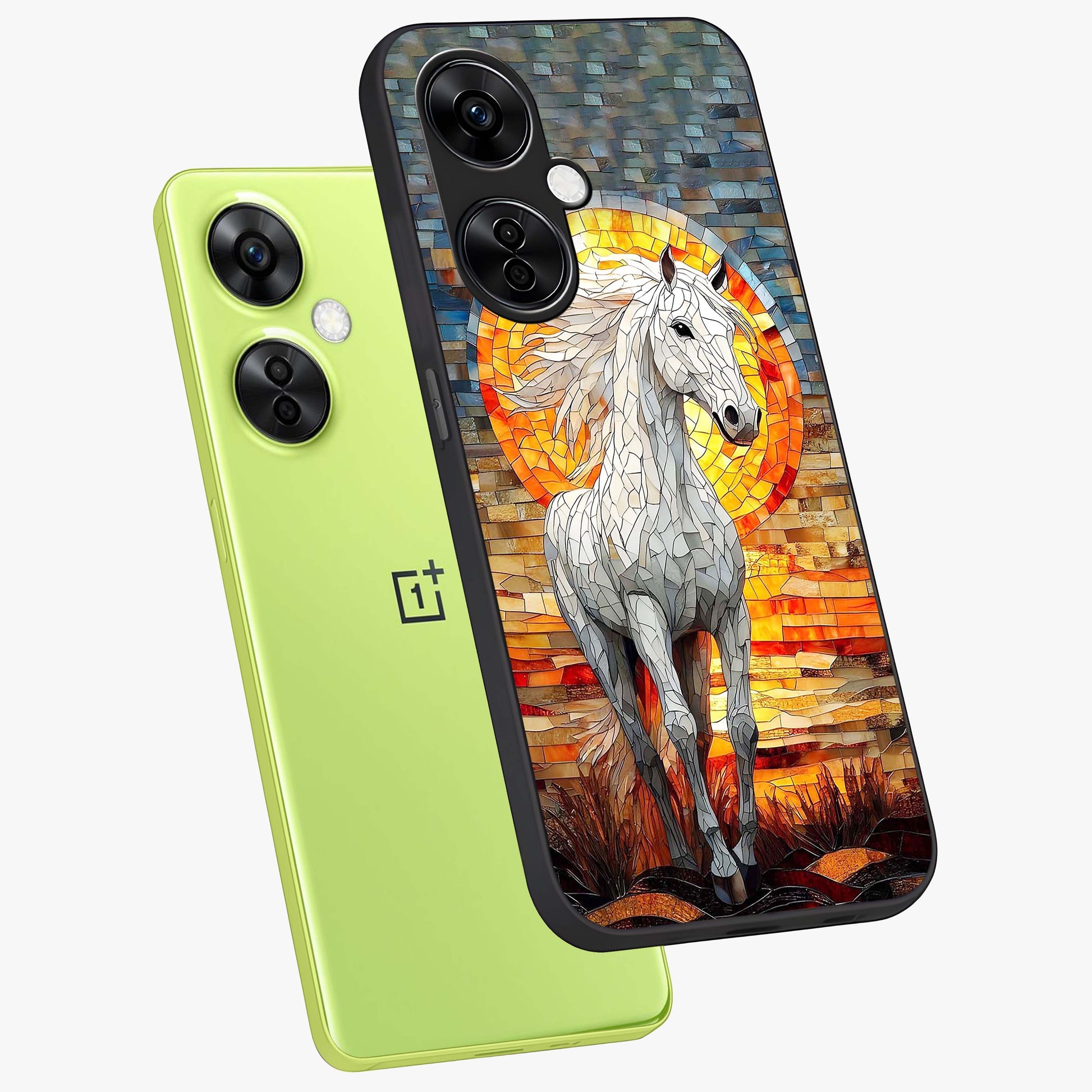 Elected Horse Glass Case for 1+Nord CE 3 Lite angled mockup showcasing glossy finish and dynamic equestrian detailing