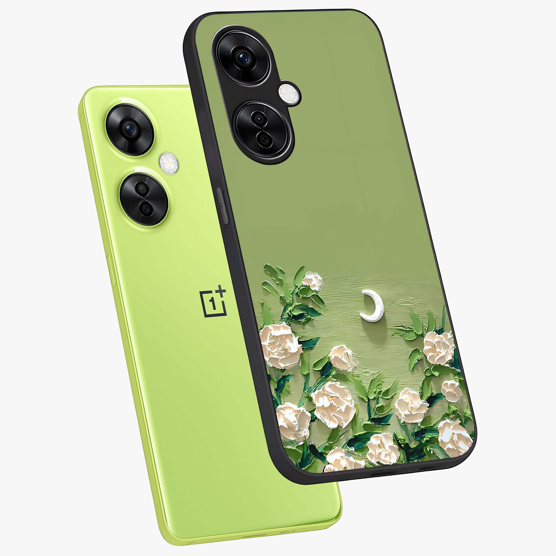 Emerald Bloom Calm Glass Case for 1+Nord CE 3 Lite angled mockup showcasing glossy finish and rich green tones