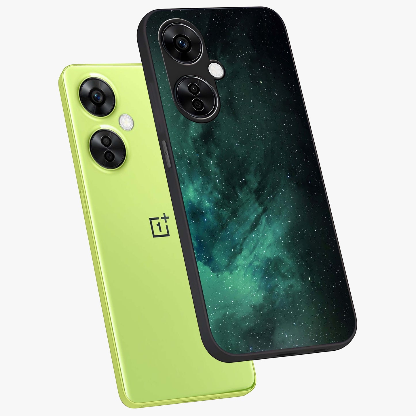 Emerald Green Space Glass Case for 1+Nord CE 3 Lite angled mockup showcasing glossy finish and bold emerald gradients