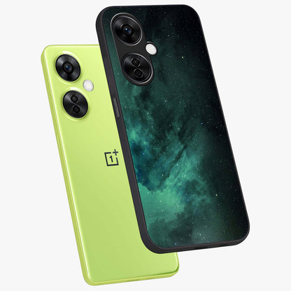 Emerald Green Space Glass Case for 1+Nord CE 3 Lite angled mockup showcasing glossy finish and bold emerald gradients