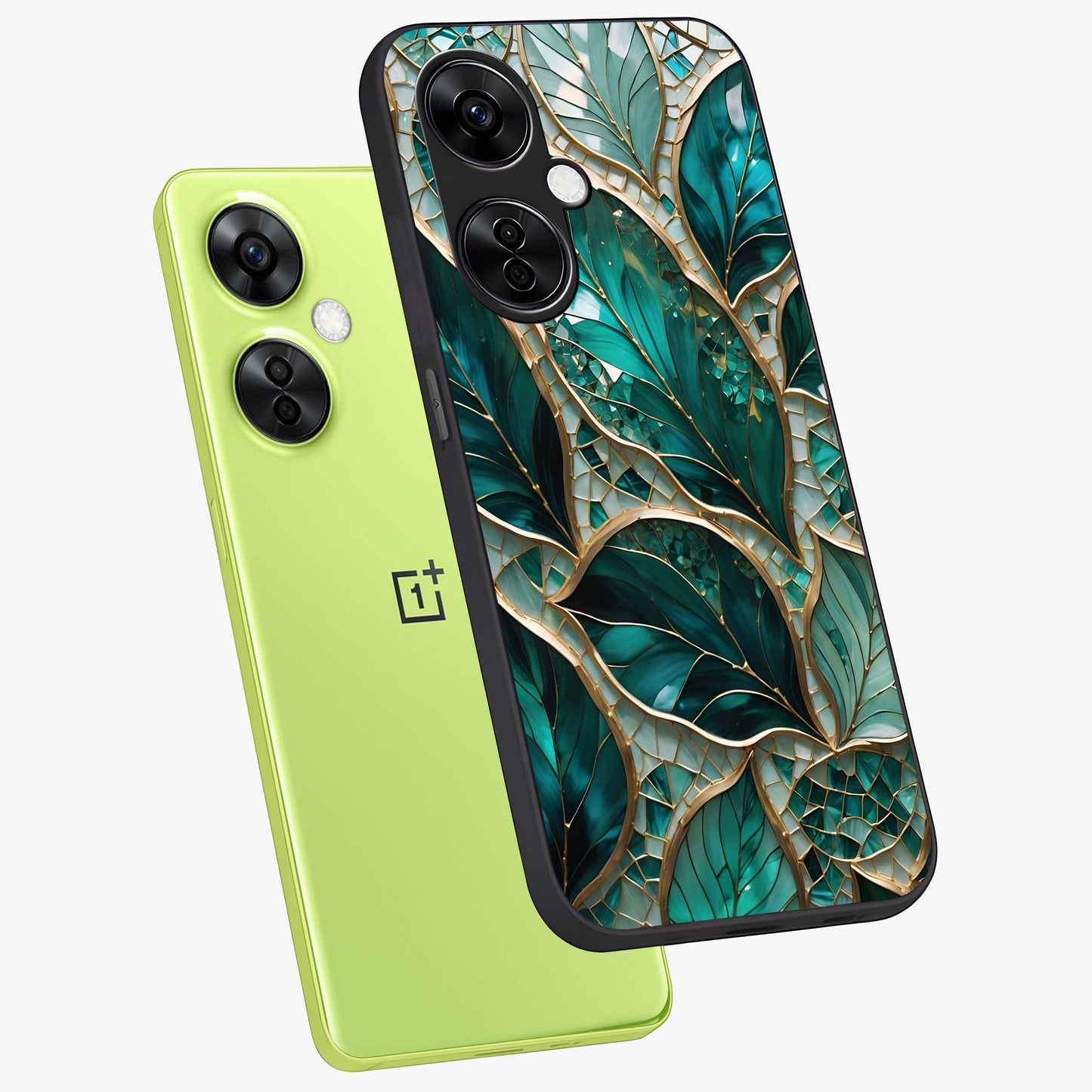 Emerald Leaf Glass Case for 1+Nord CE 3 Lite angled mockup showcasing glossy finish and natural botanical tones