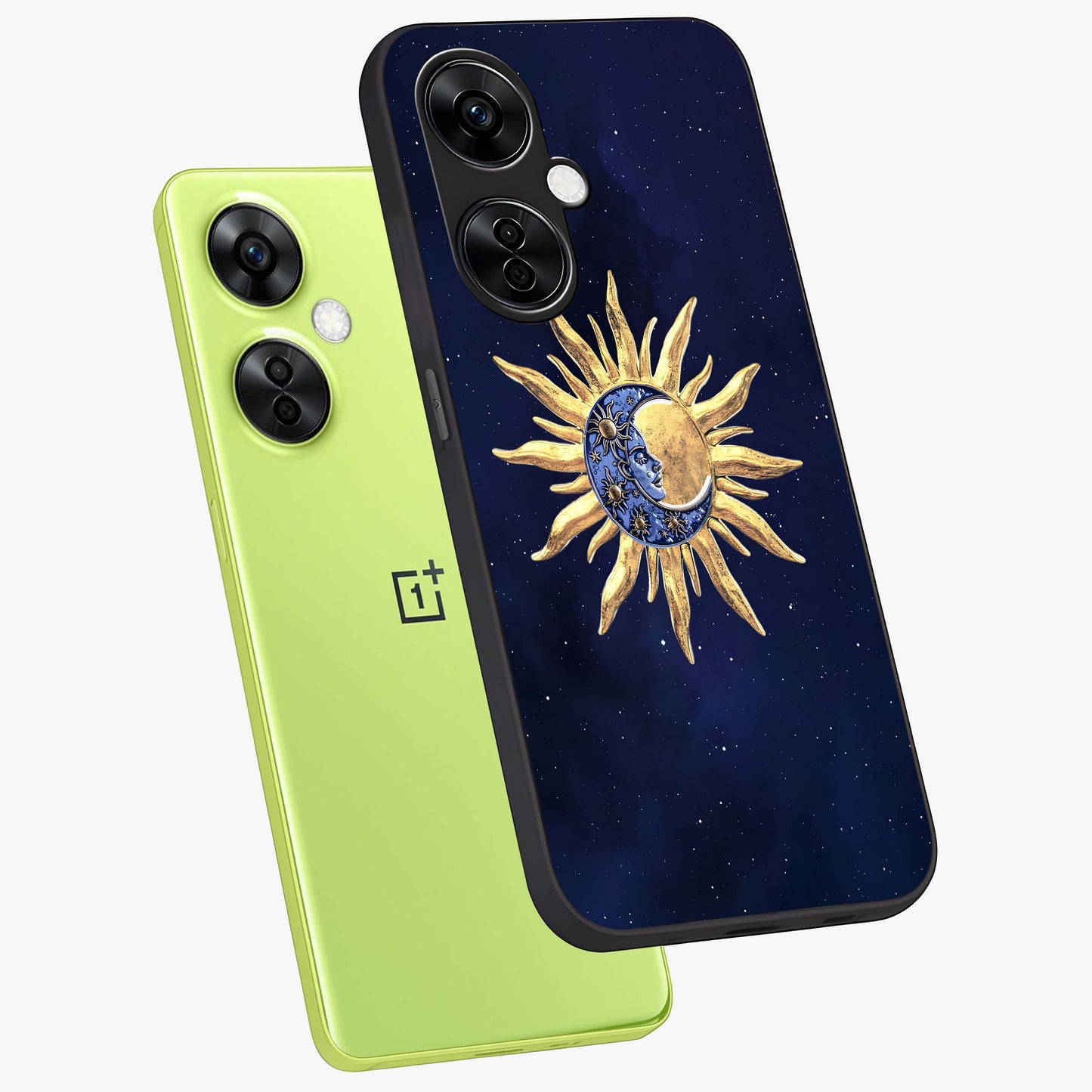 Eternal Cosmic Balance Glass Case for 1+Nord CE 3 Lite angled mockup showcasing glossy finish and celestial gradient tones