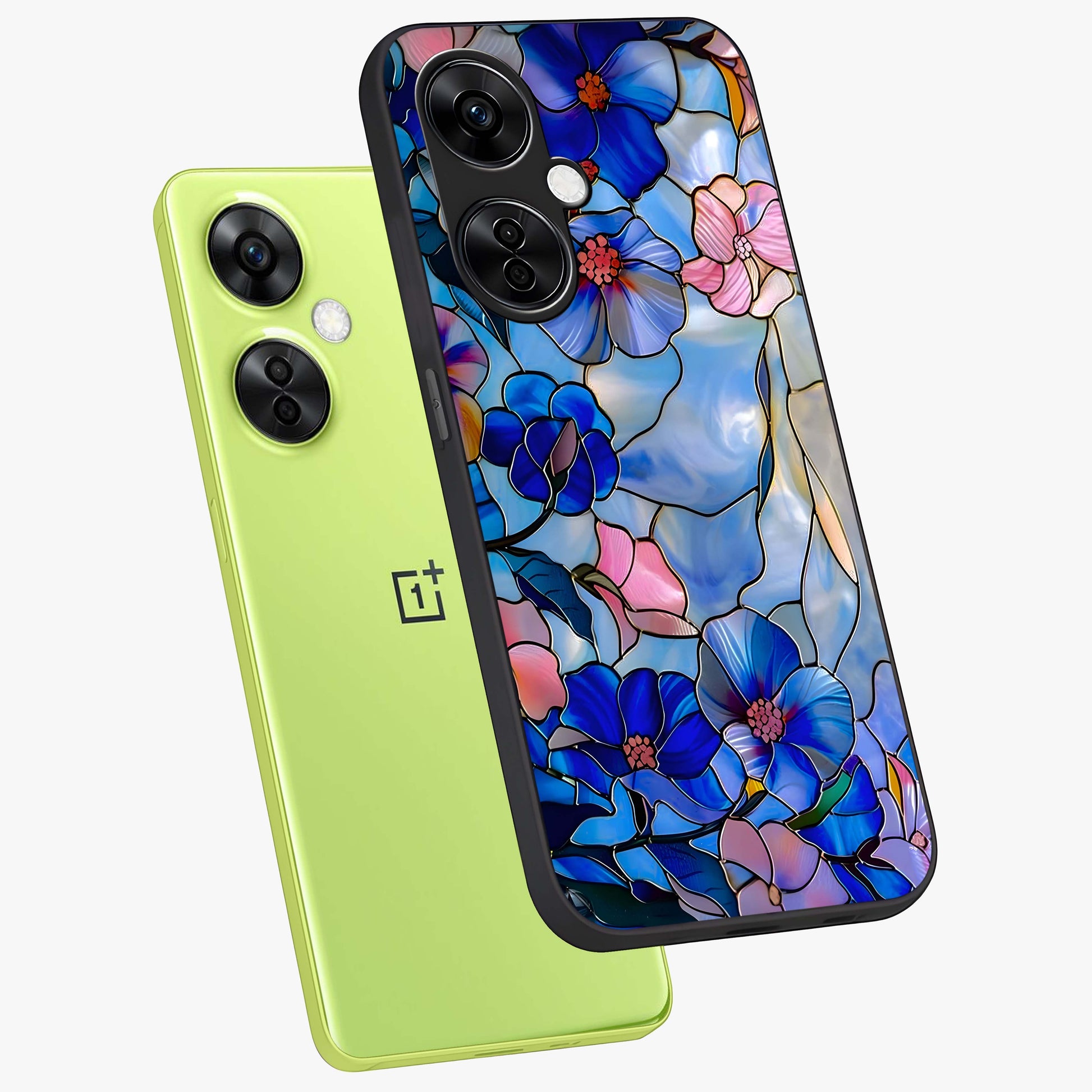 Eternal Floral Stained Glass Case for 1+Nord CE 3 Lite angled mockup showcasing glossy finish and vibrant mosaic textures