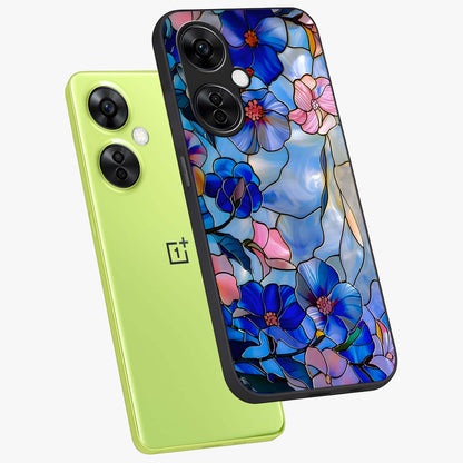 Eternal Floral Stained Glass Case for 1+Nord CE 3 Lite angled mockup showcasing glossy finish and vibrant mosaic textures