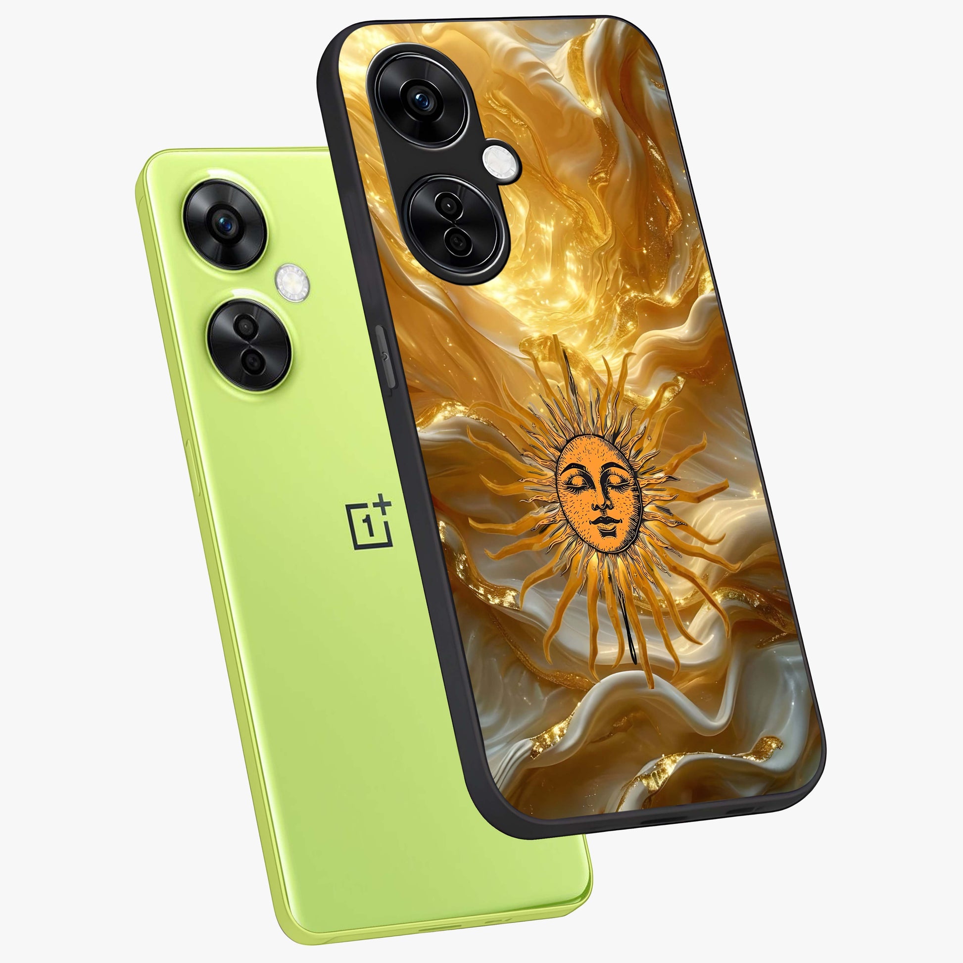 Eternal Golden Glow Glass Case for 1+Nord CE 3 Lite angled mockup showcasing glossy glass finish and luminous gold tones