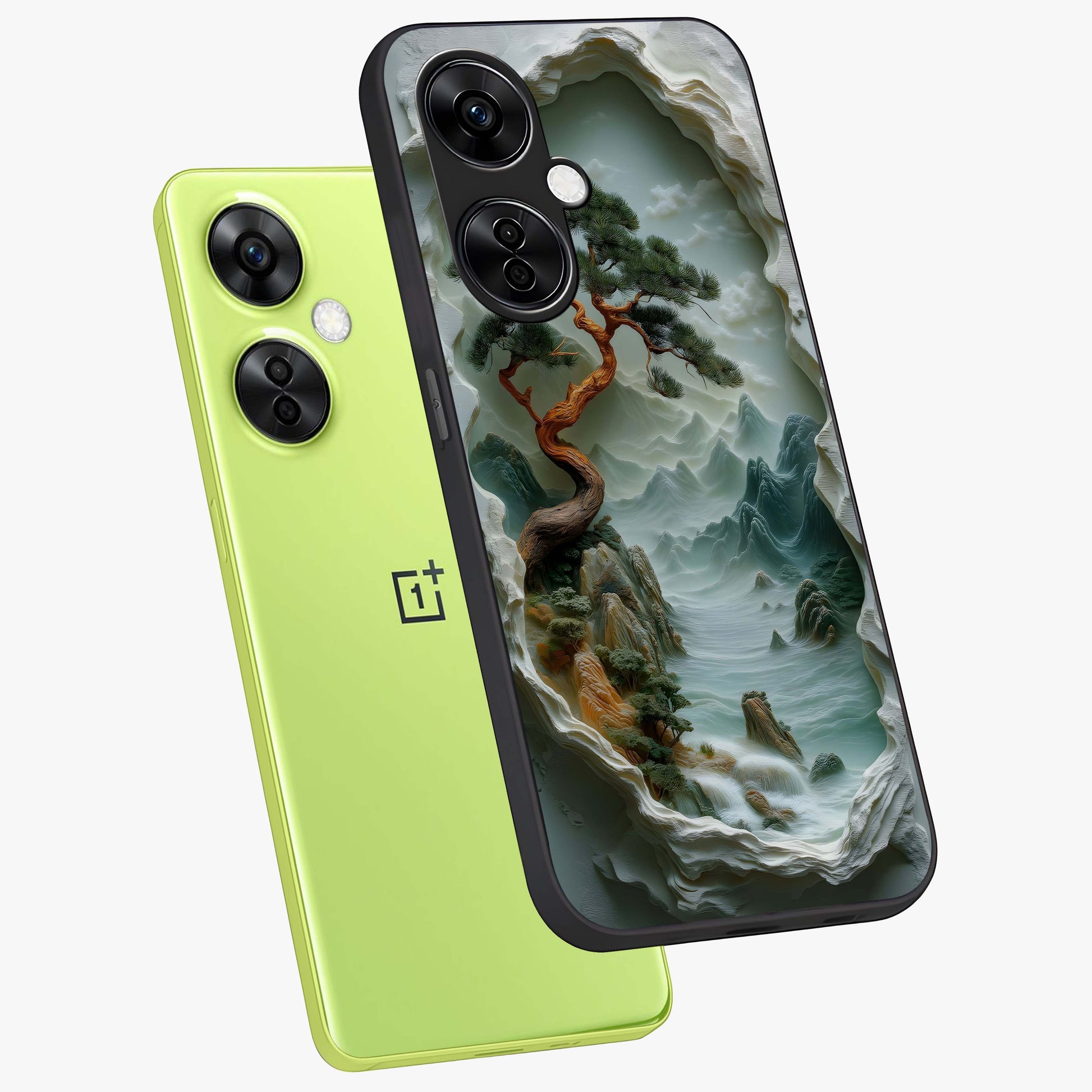 Eternal Nature Spirit Glass Case for 1+Nord CE 3 Lite angled mockup showcasing glossy finish and calming botanical tones