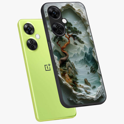 Eternal Nature Spirit Glass Case for 1+Nord CE 3 Lite angled mockup showcasing glossy finish and calming botanical tones