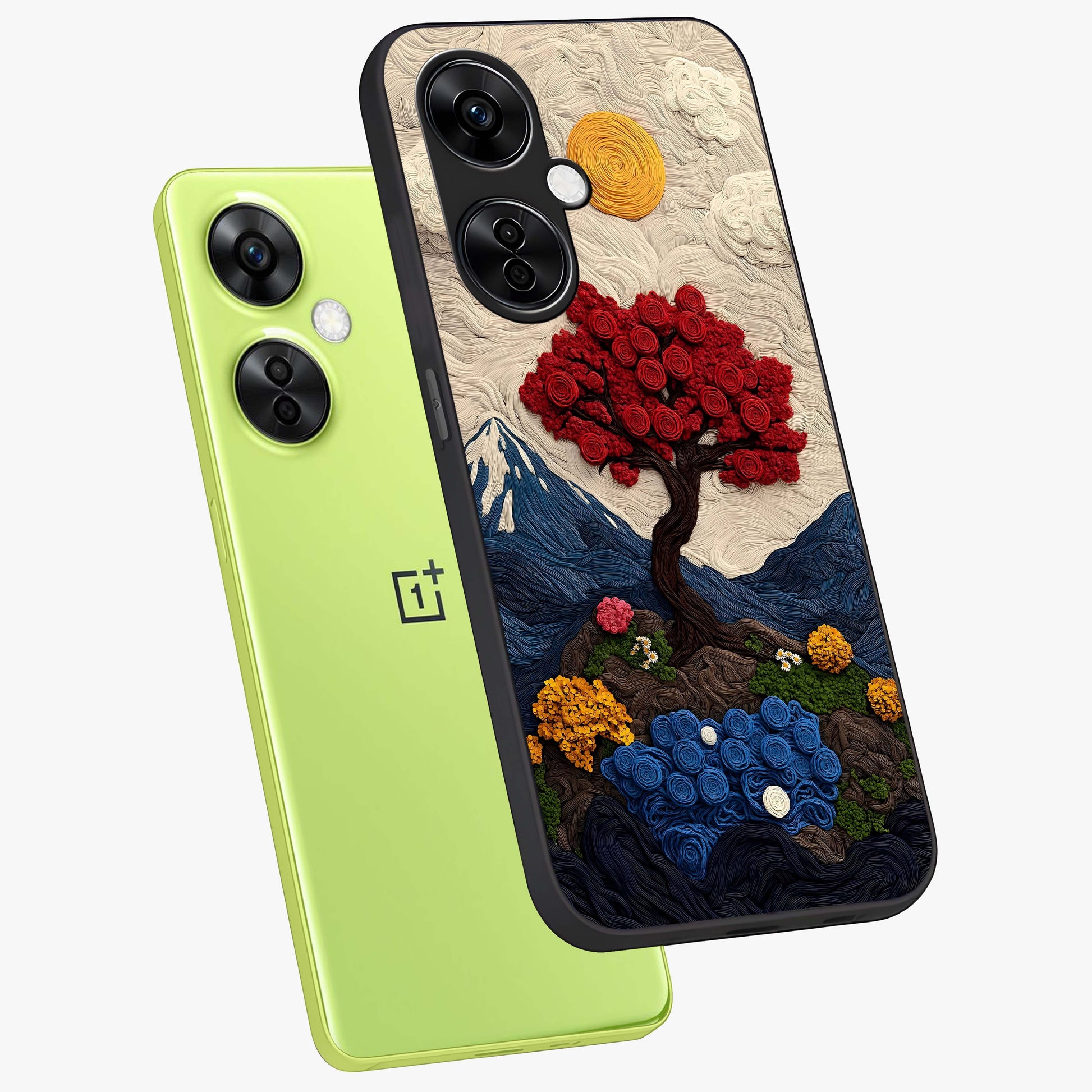 Eternal Nature Tapestry Glass Case for 1+Nord CE 3 Lite angled mockup showcasing glossy finish and detailed botanical patterns