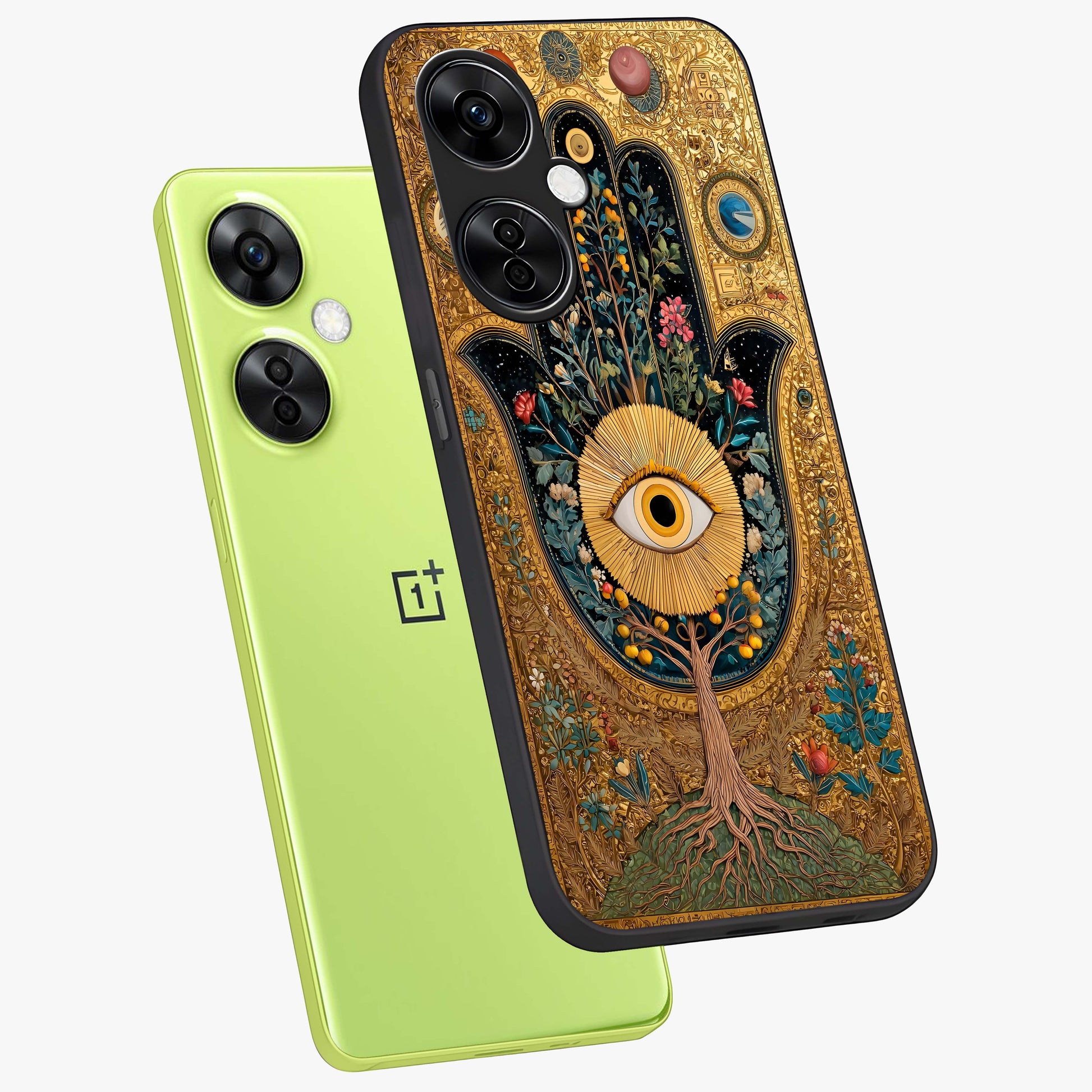 Ethereal Evil Eye Glass Case for 1+Nord Ce 3 Lite angled mockup showcasing glossy finish and celestial blue tones