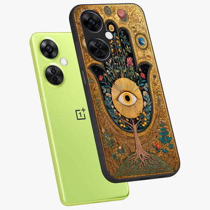 Ethereal Evil Eye Glass Case for 1+Nord Ce 3 Lite angled mockup showcasing glossy finish and celestial blue tones