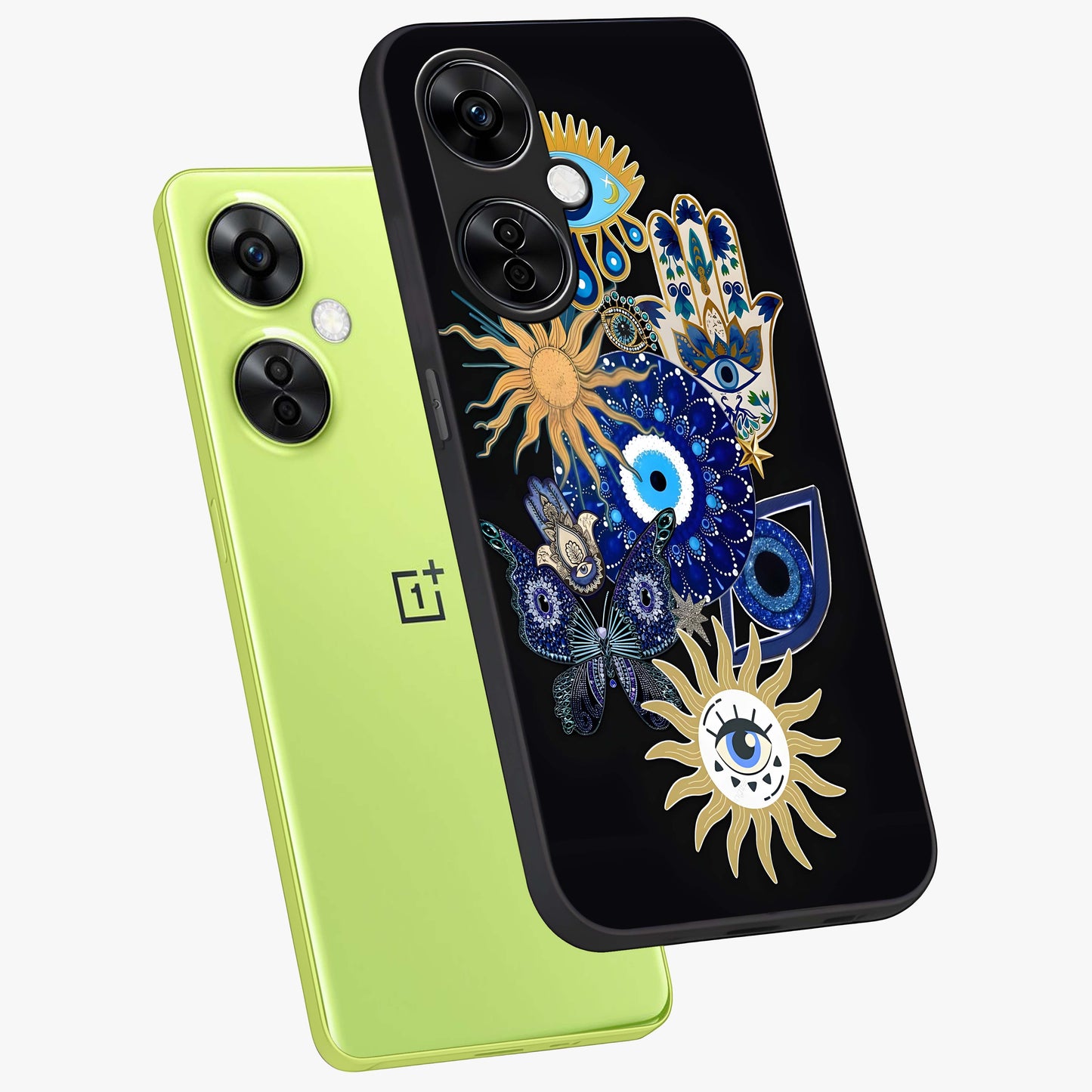 Evil Eye Charm Vibes Glass Case for 1+Nord Ce 3 Lite angled mockup showcasing glossy finish and protective symbol detailing