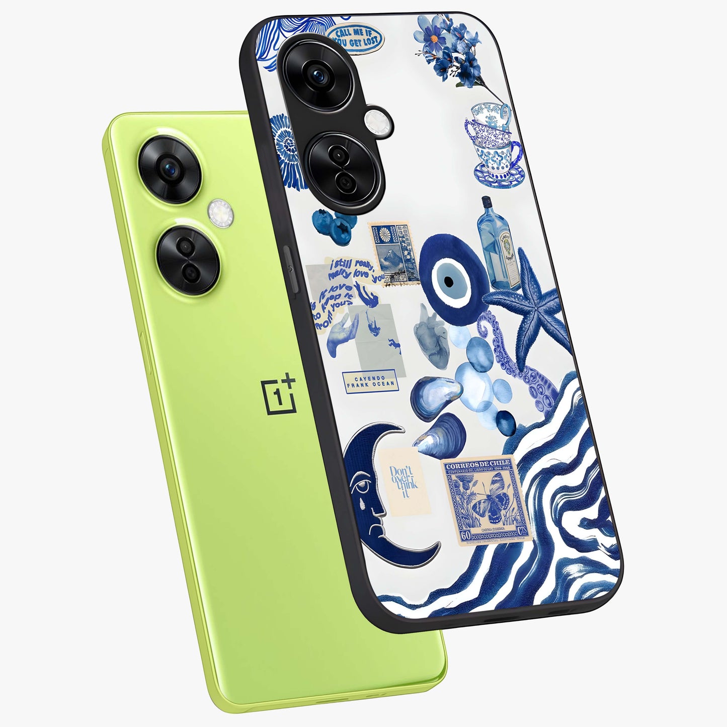 Evil Eyes Dark Blue Glass Case for 1+Nord Ce 3 Lite angled mockup showcasing glossy finish and rich navy tones