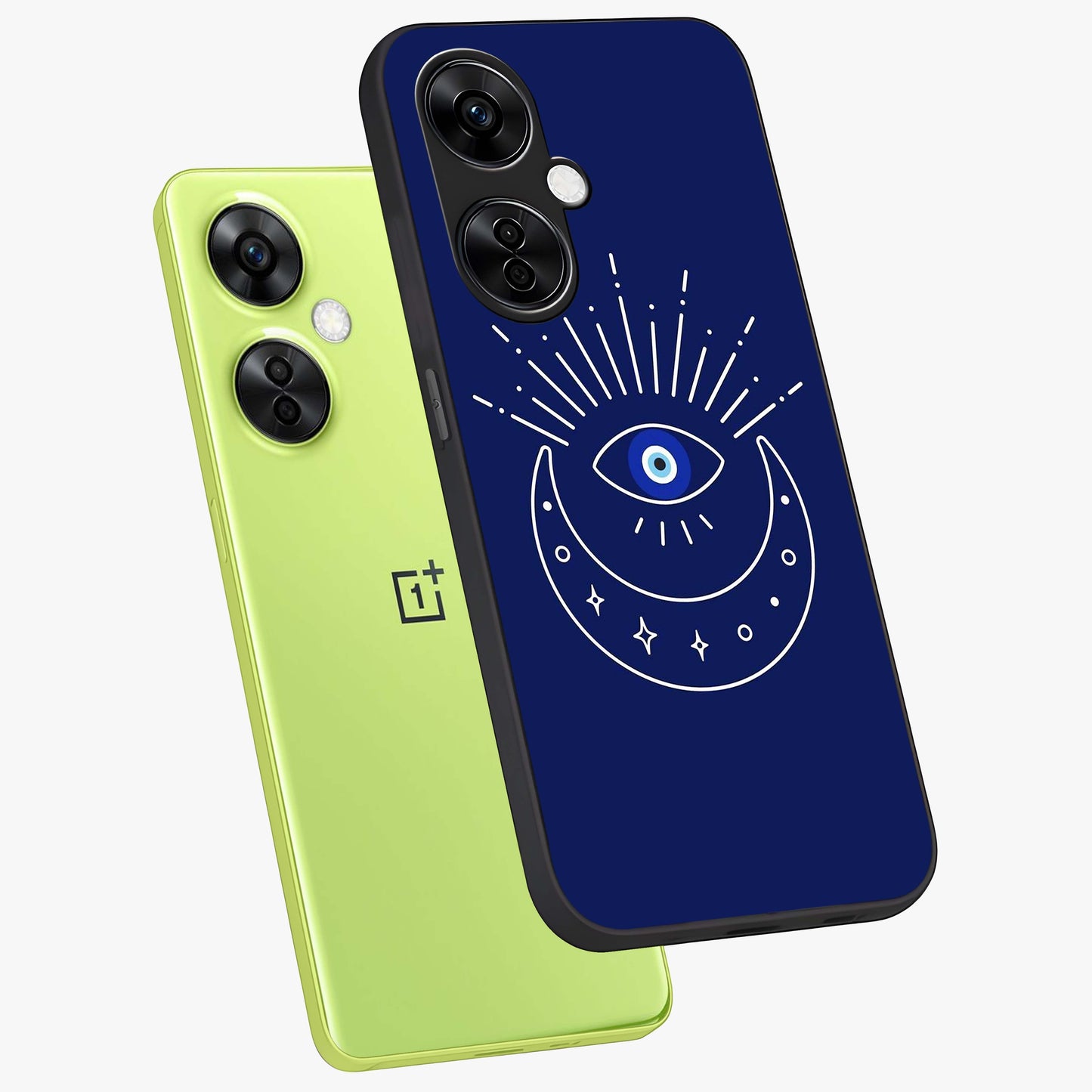 Evil Eye With Blue Themed Collage Glass Case for 1+Nord Ce 3 Lite angled mockup showcasing glossy finish and layered blue textures