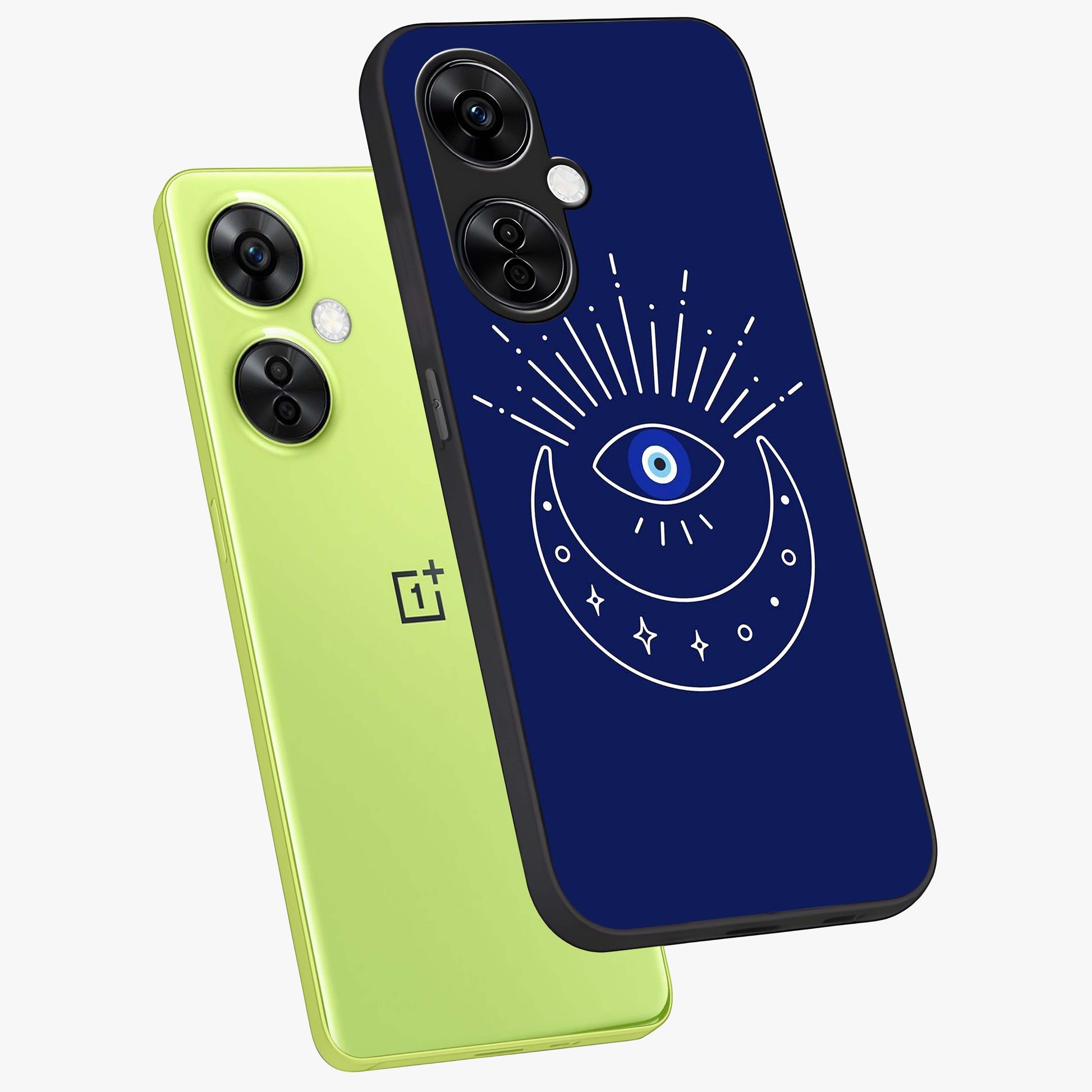 Evil Eye With Blue Themed Collage Glass Case for 1+Nord Ce 3 Lite angled mockup showcasing glossy finish and layered blue textures