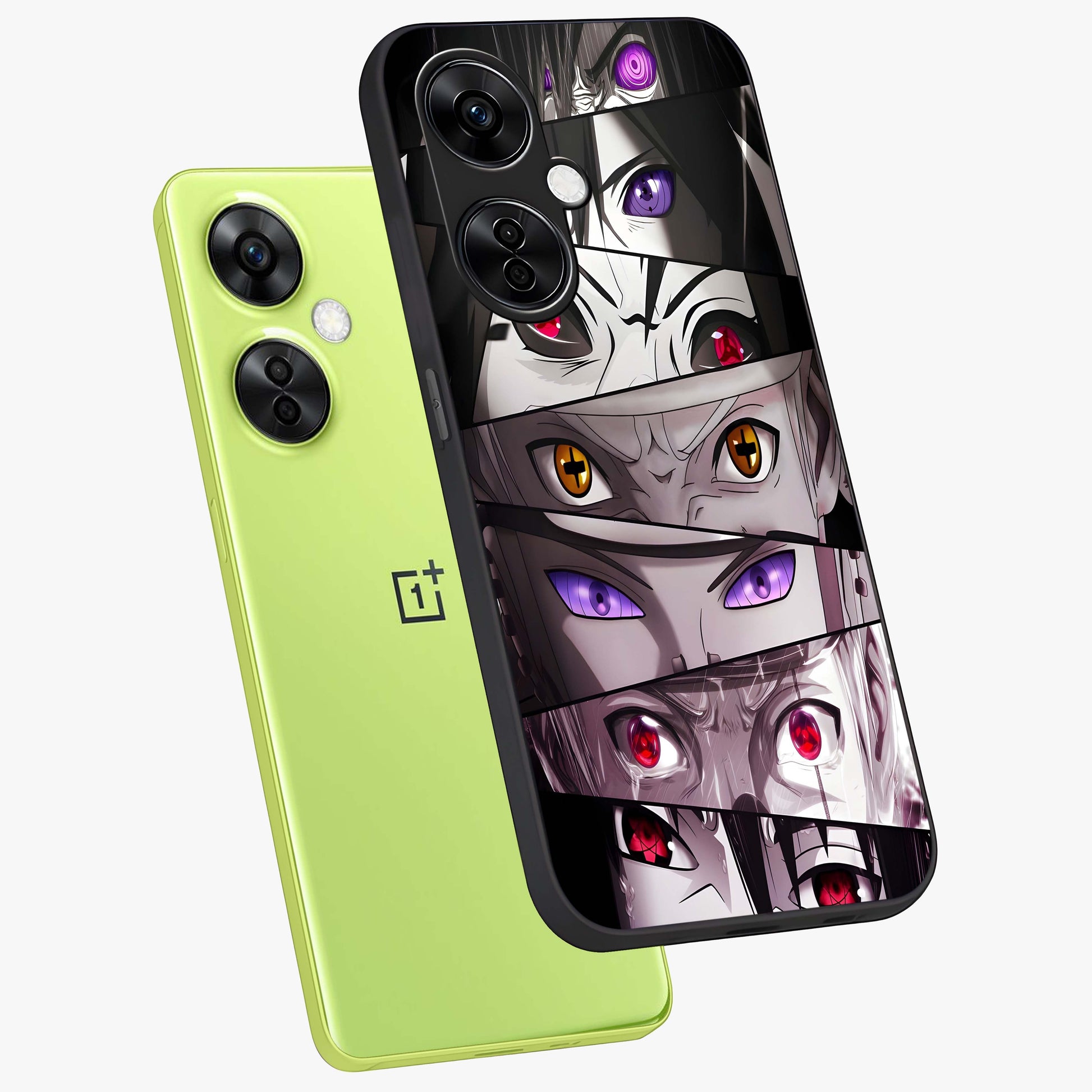Eyes of Destiny Glass Case for 1+Nord CE 3 Lite angled mockup showcasing glossy glass finish and intense detailing