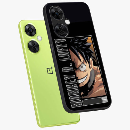 Fearless Pirate Smile Glass Case for 1+Nord CE 3 Lite angled mockup showcasing glossy finish and dark adventurous tones