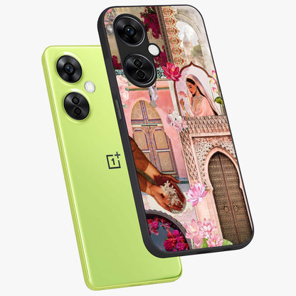 Floral Courtyard Muse Glass Case for 1+Nord CE 3 Lite angled mockup showcasing glossy finish and delicate bloom detailing